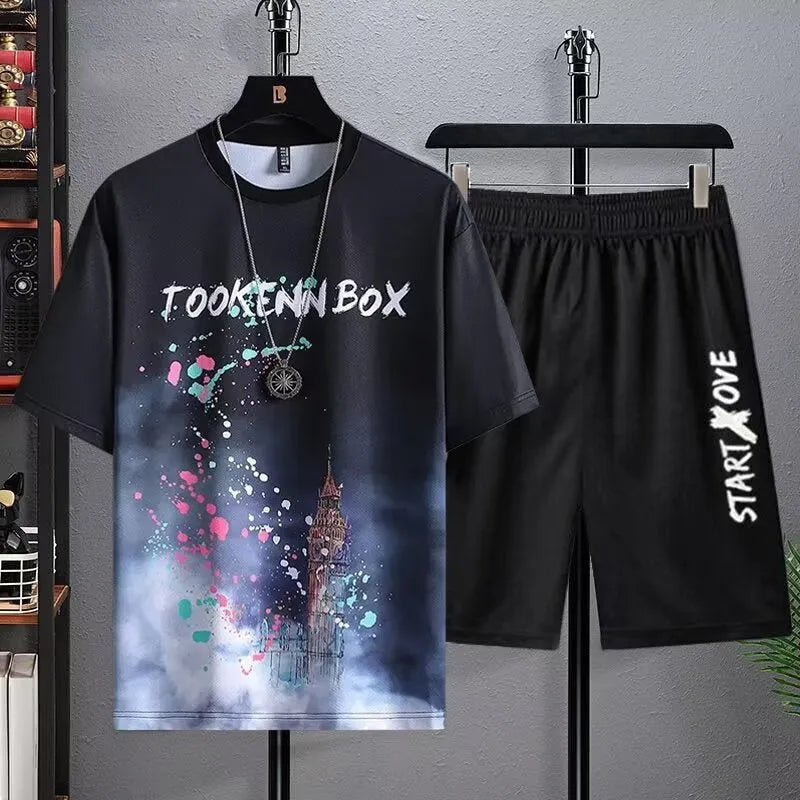 Men's summer ice silk suit set with short sleeve jacket and matching shorts