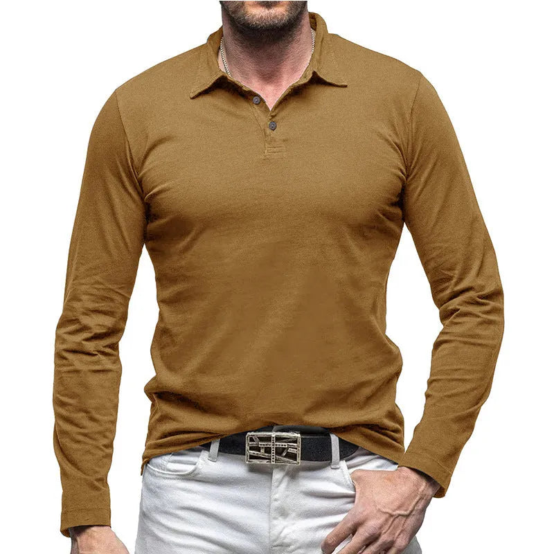 Men's dark grey long sleeve polo collar cotton t-shirt shown front on, American retro style.