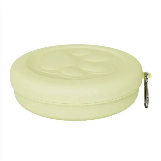 Collapsible silicone dog food and water bowl in pink and green colours, shown in both open and flattened positions