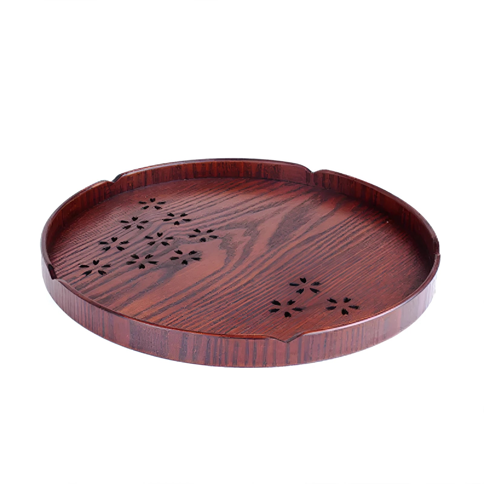 Wooden shallow serving plate with hollow cherry blossom pattern, 30cm diameter