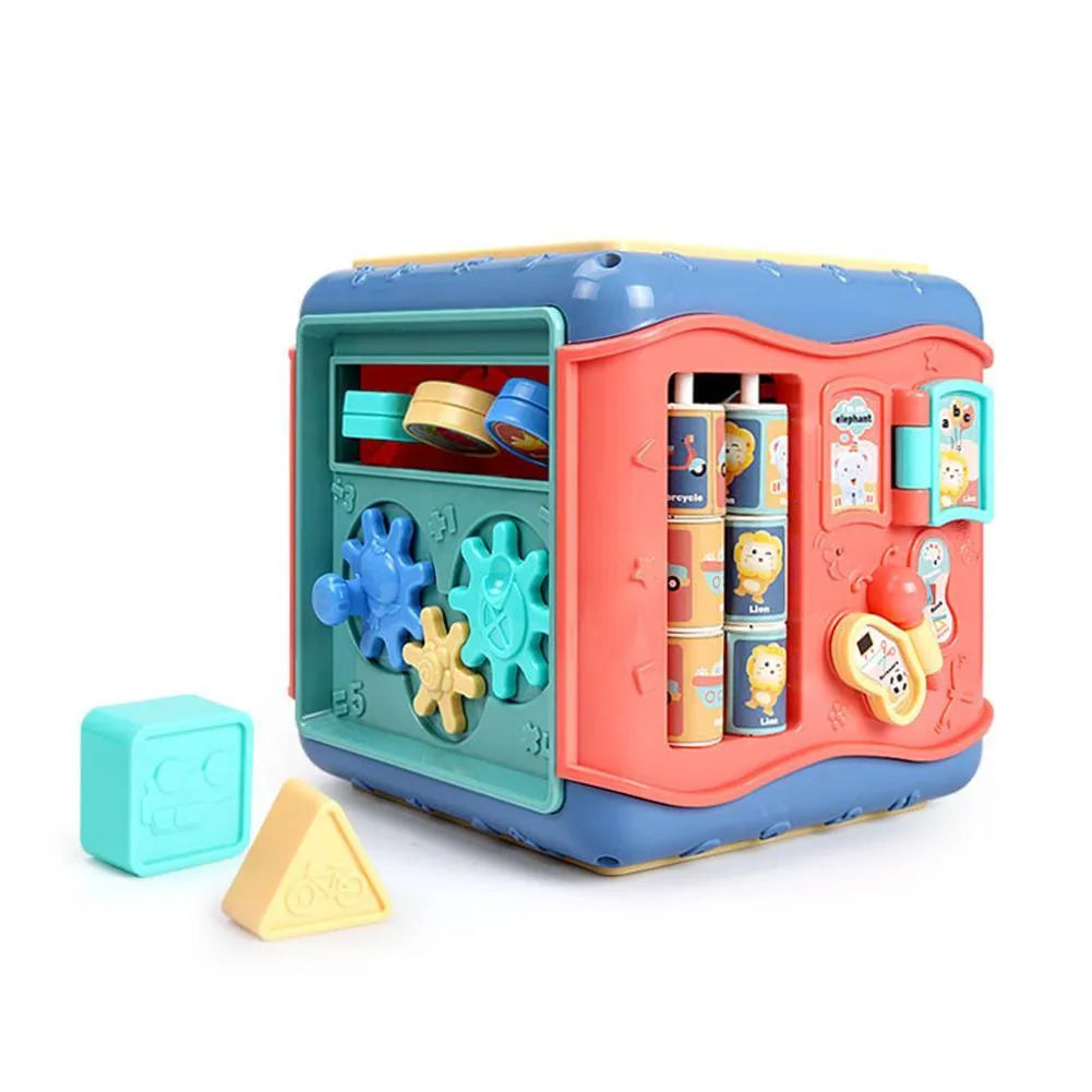 17cm hexahedron educational toy cube showing bead maze, gear connections, and clock face activities