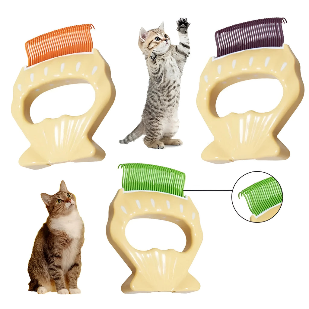 Shell-shaped plastic pet grooming brush with bent wire bristles, anti-slip handle in green colour
