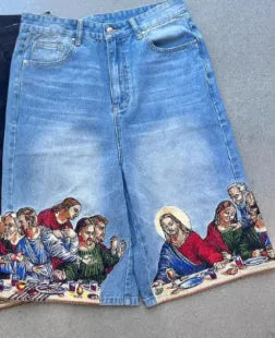 Men's blue cotton cargo shorts with Jesus print on back pocket showing tapered fit
