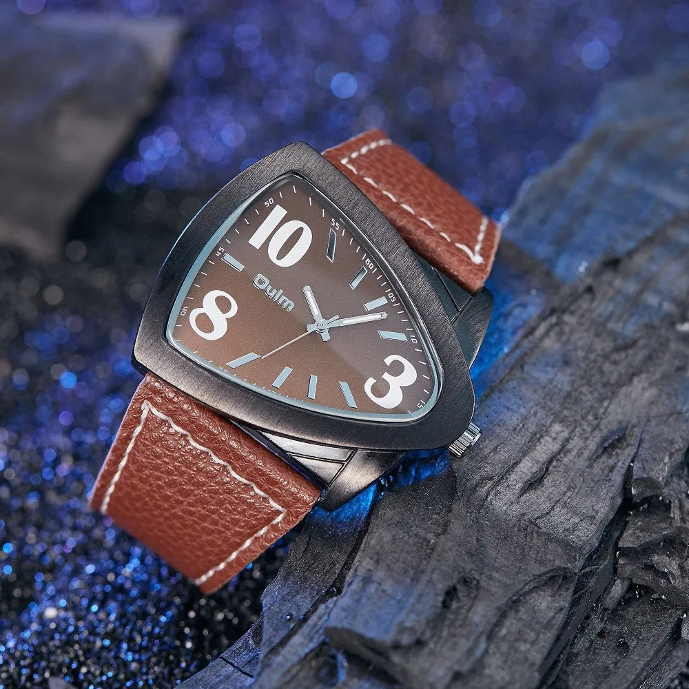 Men's casual watch with a triangular brown leather belt and silver case.