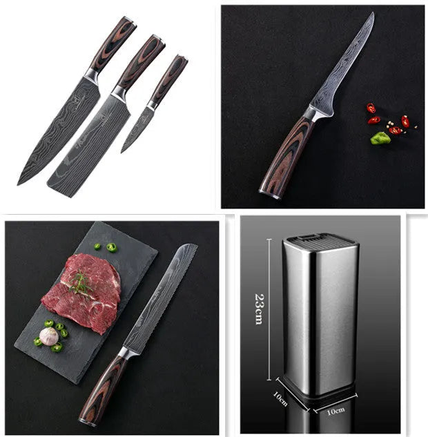 Kitchen chef knife with laser Damascus pattern on 7CR17 stainless steel blade and colour steel handle