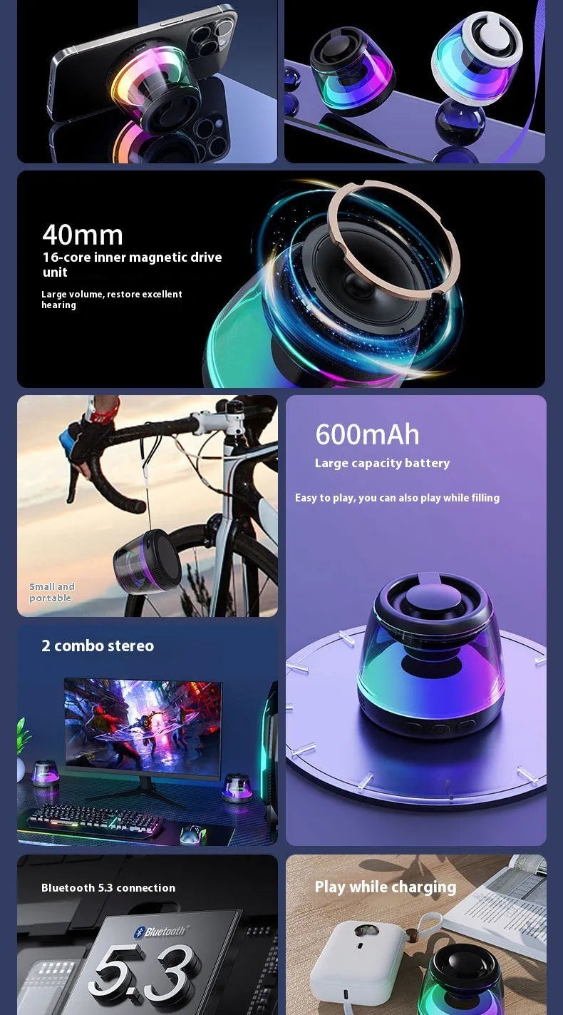 Compact portable Bluetooth speaker with ambient light ring and magnetic base in black or white