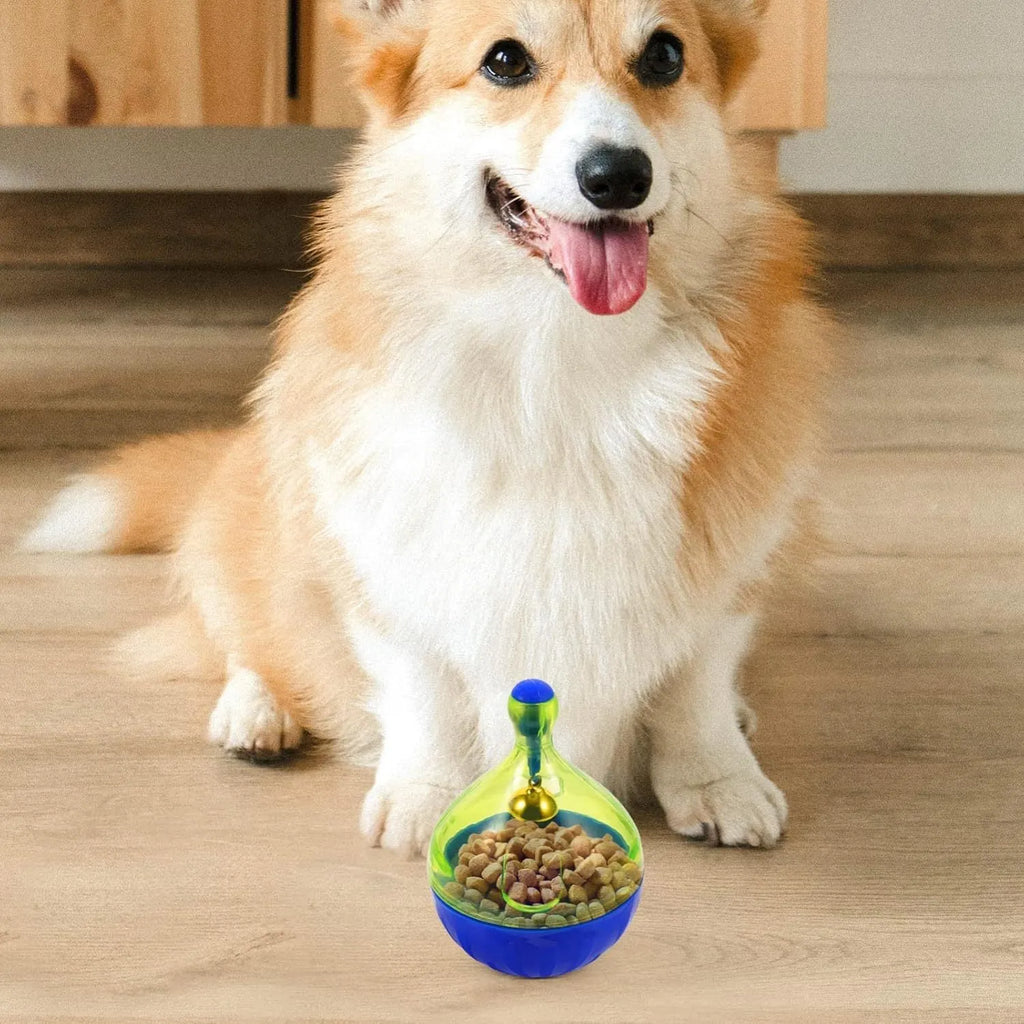 Tumbler-shaped pet treat dispenser ball for dogs and cats with dimensions 14x10x10cm