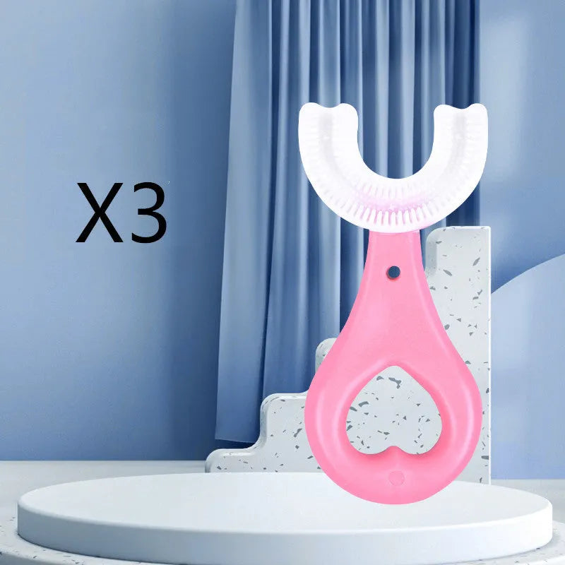 Children's U-shaped soft rubber toothbrush in pink and blue colours for milk teeth cleaning
