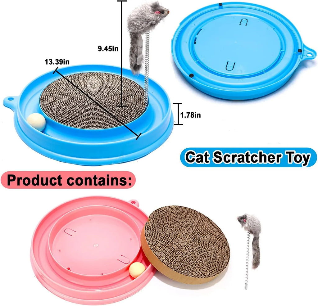 Circular blue cat scratcher with rolling ball track and replaceable corrugated cardboard centre pad
