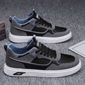 Men's Korean-style canvas board shoes in black, beige or grey with mesh lining and leather stitching details
