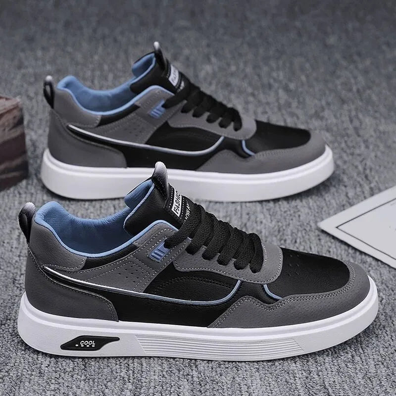 Men's Korean-style canvas board shoes in black, beige or grey with mesh lining and leather stitching details