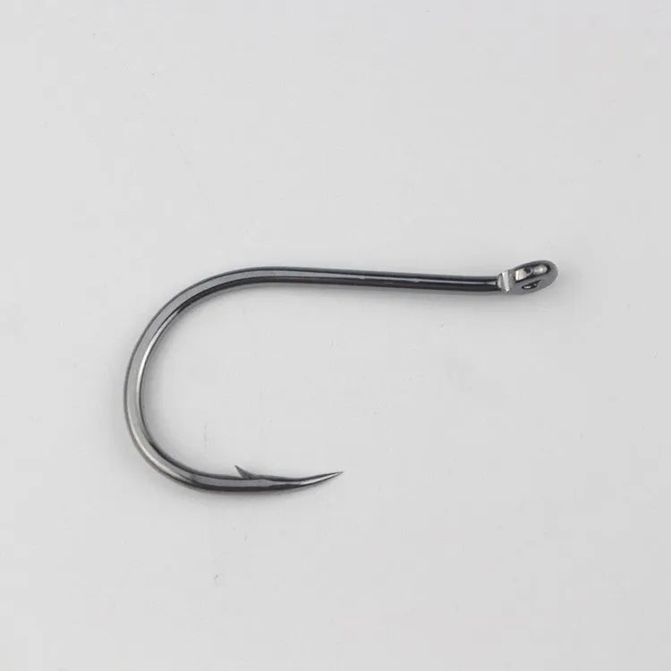 Bulk pack of alloy carbon steel barbed fishing hooks with crooked mouth and hole ring for rock and sea fishing.