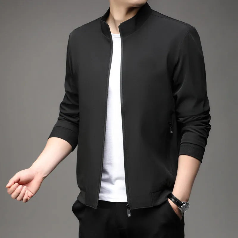 Korean style loose fit thin autumn jacket in blue with lapel collar and zip pockets.