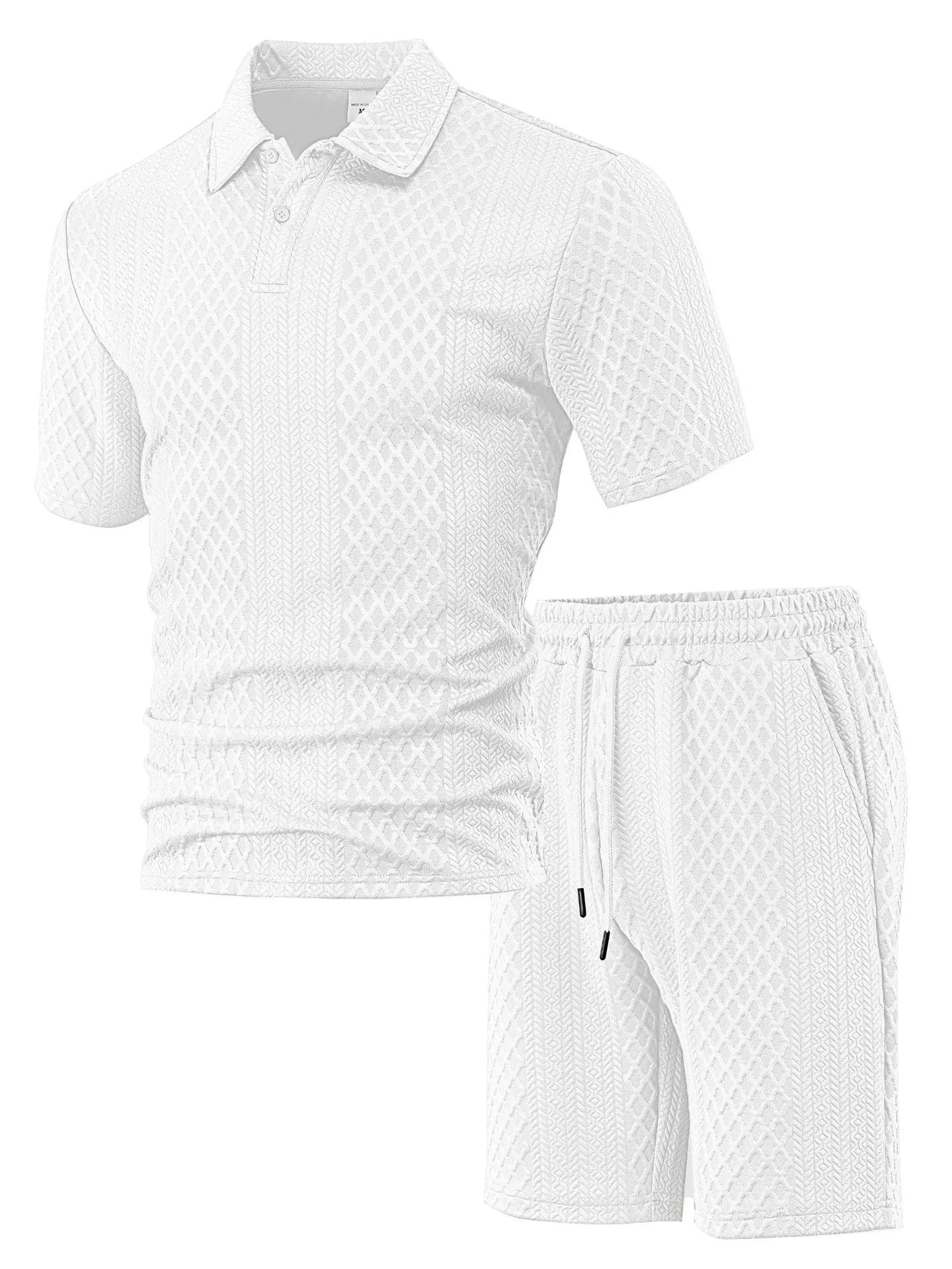 Men's patterned polyester casual short sleeve suit in multiple colours with polo shirt and trousers