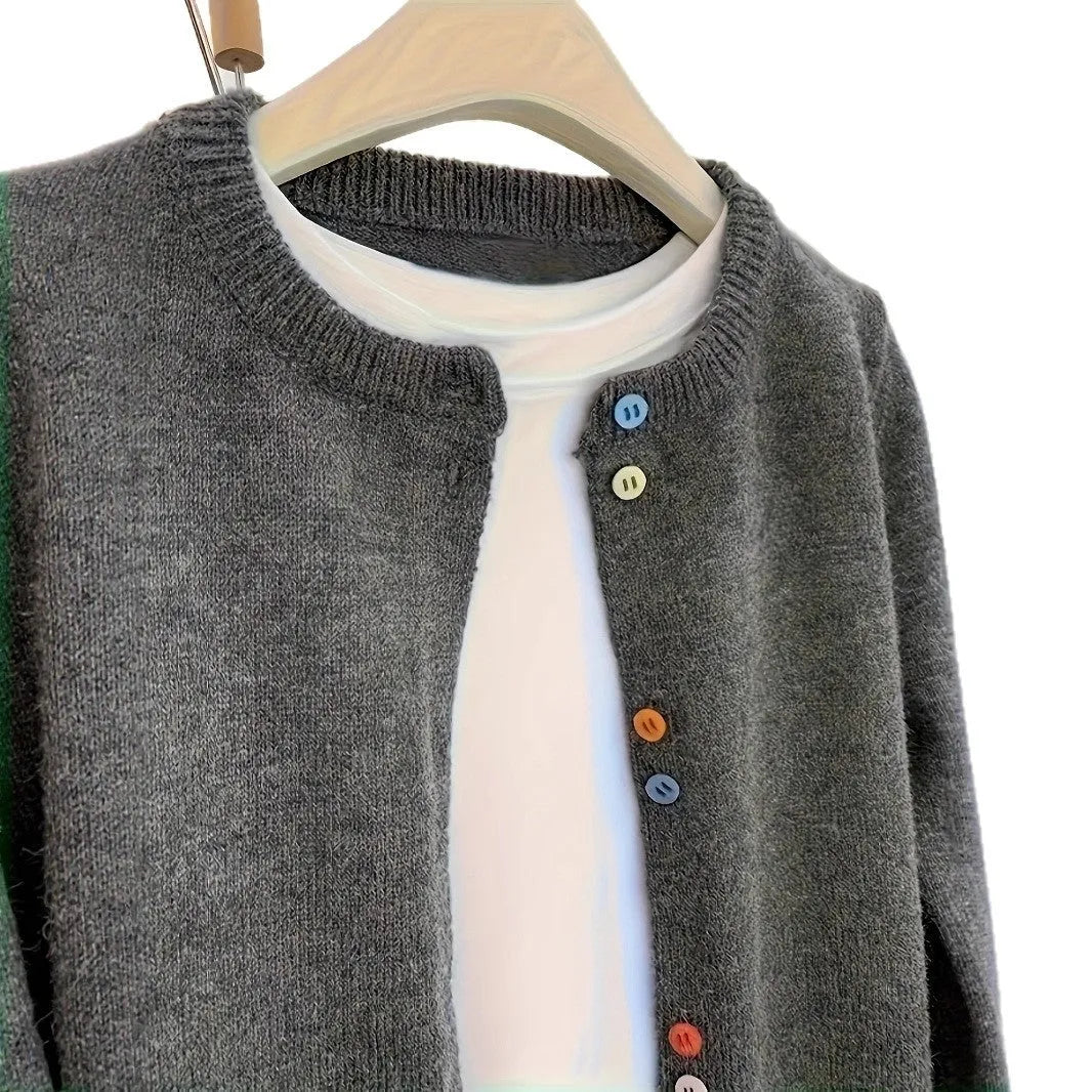 Women's dark grey button-front cardigan sweater with long sleeves on a hanger.