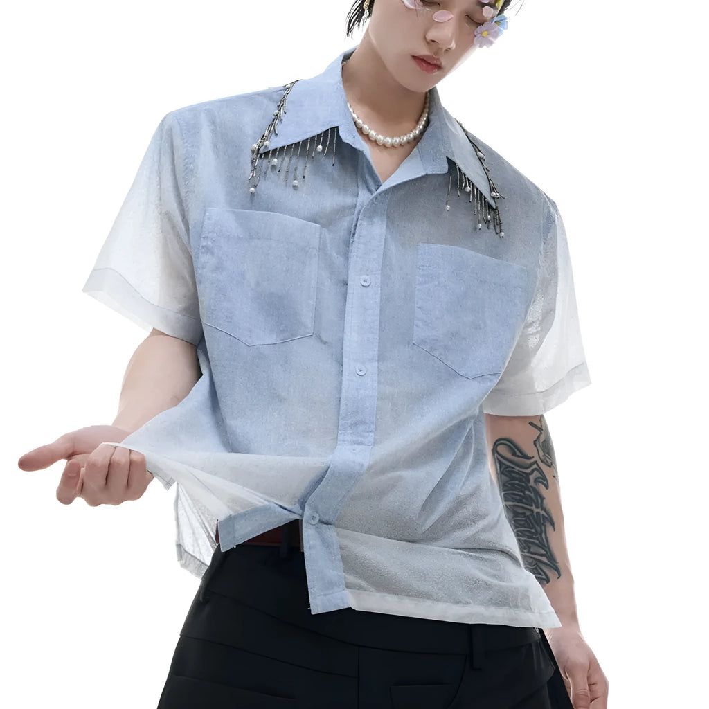 Men's blue and white gradient loose fit short sleeve shirt with quilted pattern