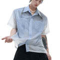 Men's blue and white gradient loose fit short sleeve shirt with quilted pattern