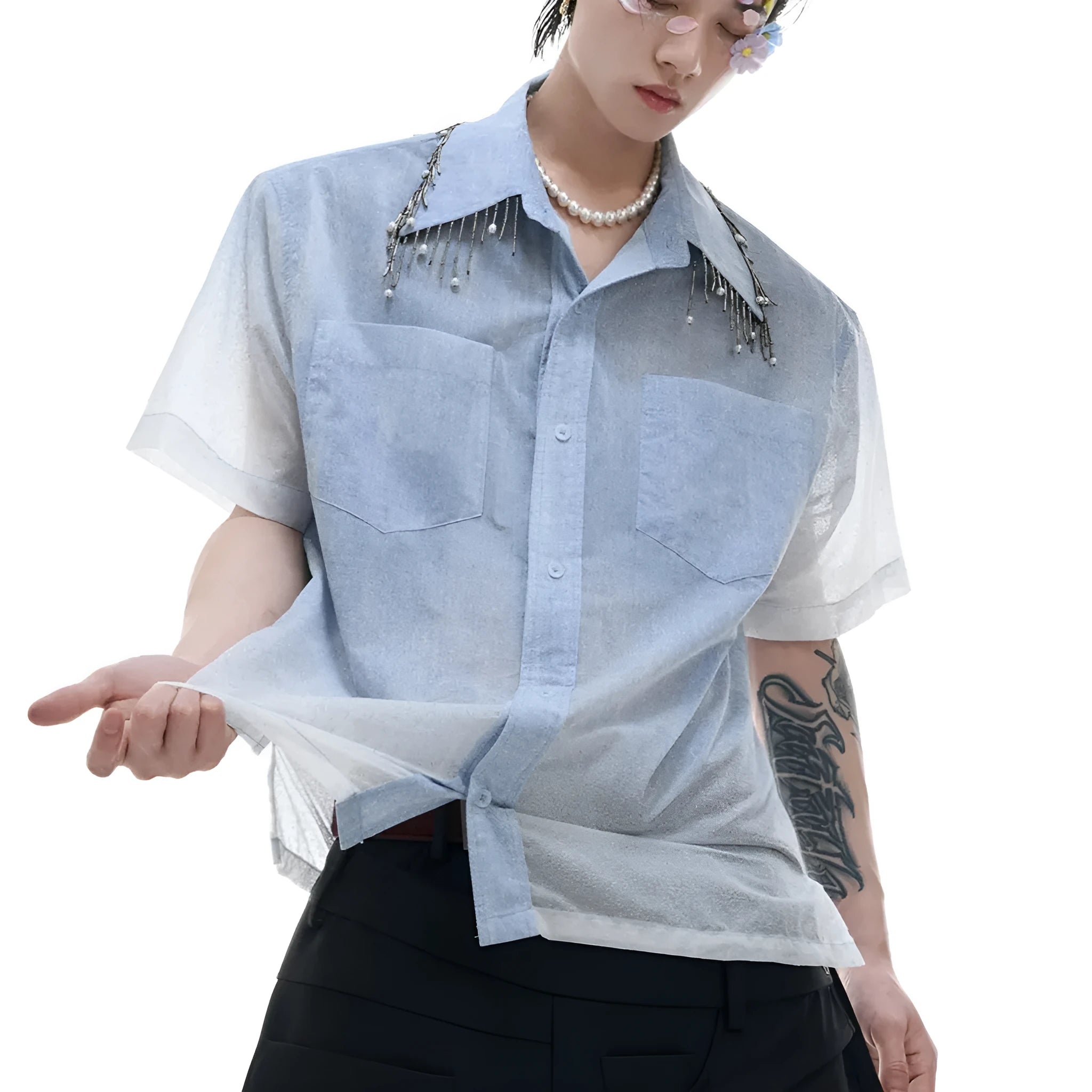 Men's blue and white gradient loose fit short sleeve shirt with quilted pattern