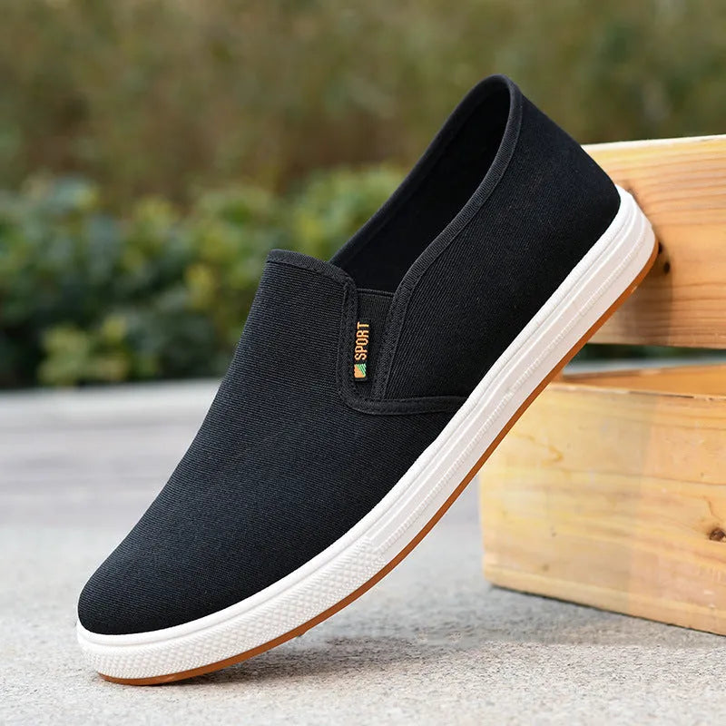 Men's low-top slip-on canvas shoes in black and blue, showing round toe and shallow cut.
