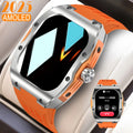 A men's smart watch with a black strap and AMOLED screen, showing a fitness tracking interface.