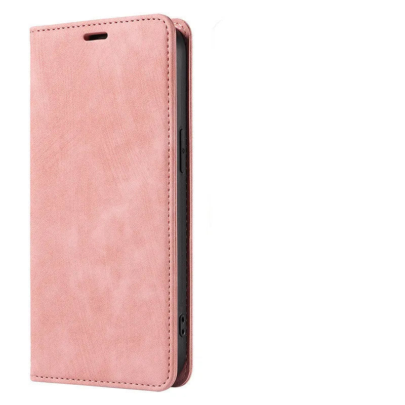 Magnetic flip leather phone case for iPhone in various solid colours, shown open and closed.