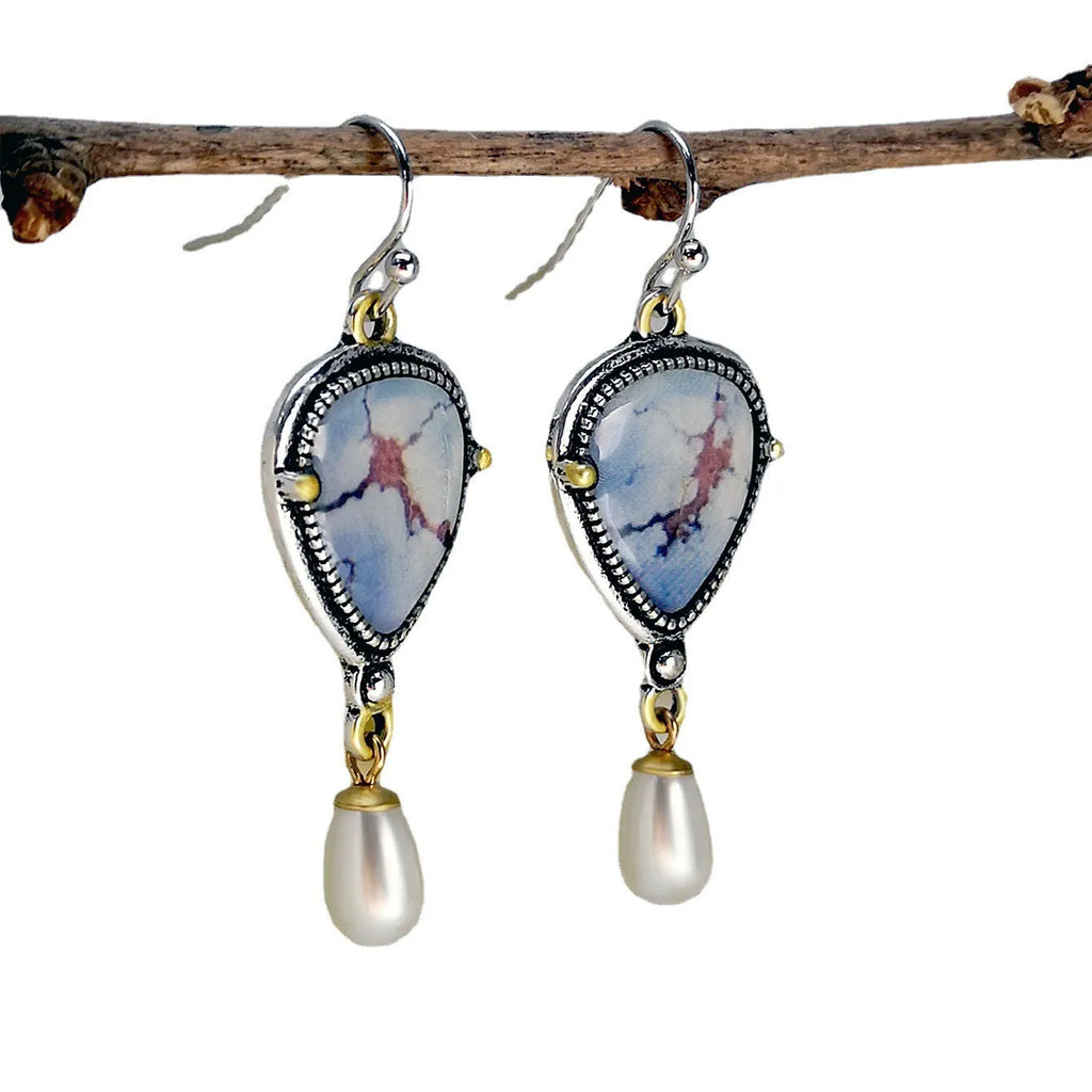 Retro blue geometric drop earrings with synthetic opal and pearl details