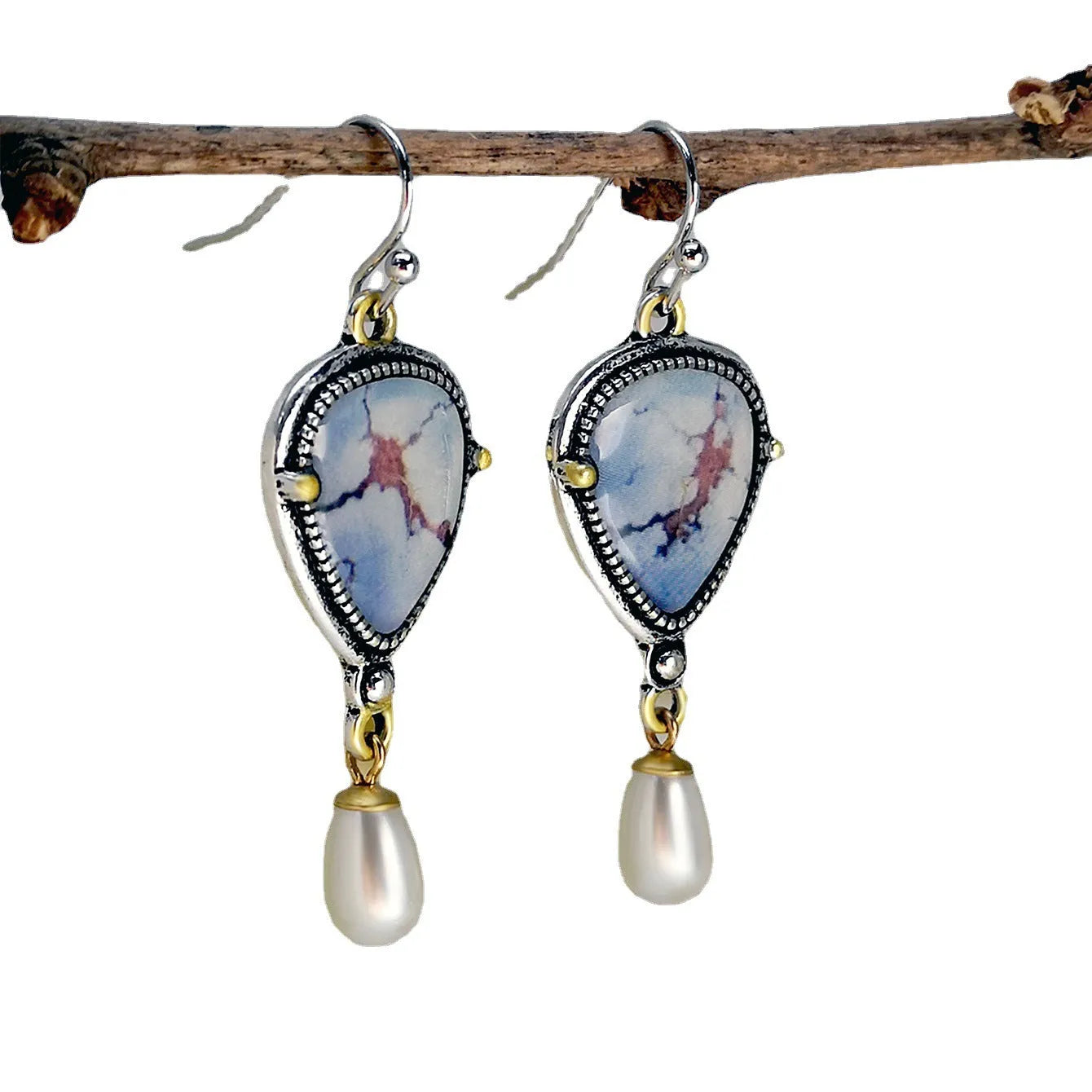 Retro blue geometric drop earrings with synthetic opal and pearl details