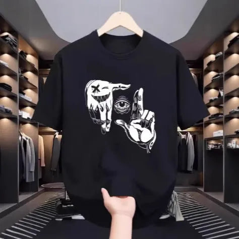 Men's grey mesh T-shirt with cartoon digital print showing round neck and short sleeve design