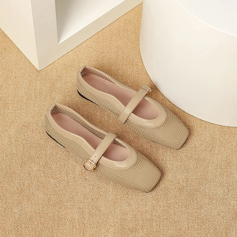 Women's beige mesh summer pump with square toe and buckle closure on a low flat heel.