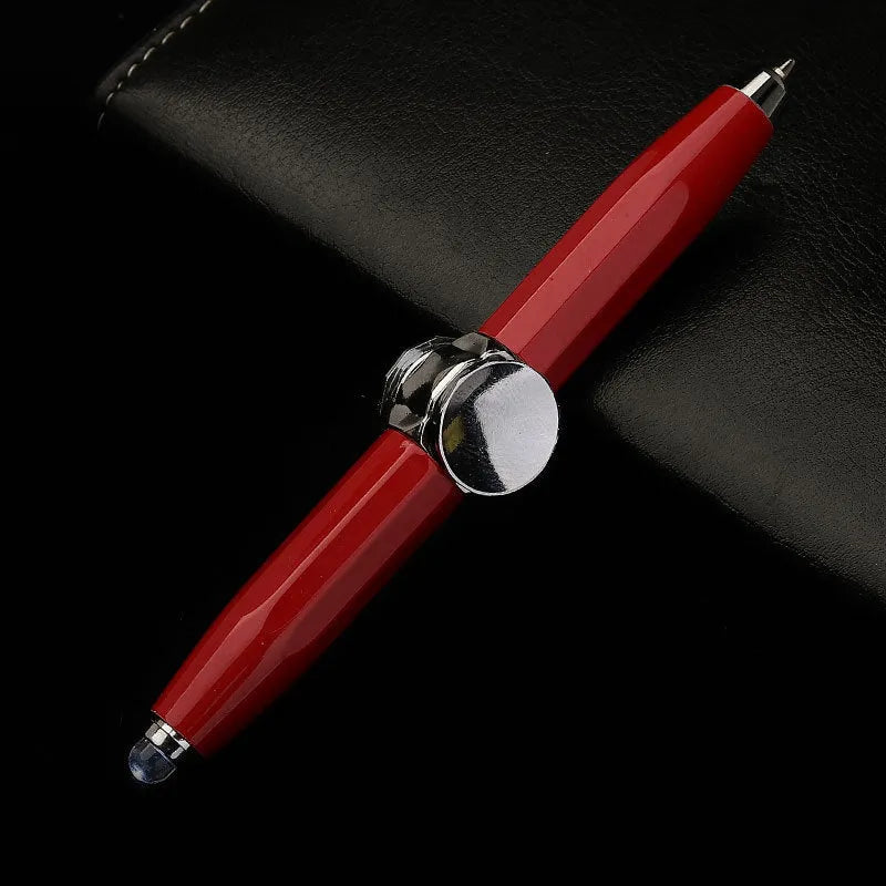 Metal ballpoint pen with a built-in fingertip gyro spinner and LED light, shown in multiple ink colour options.
