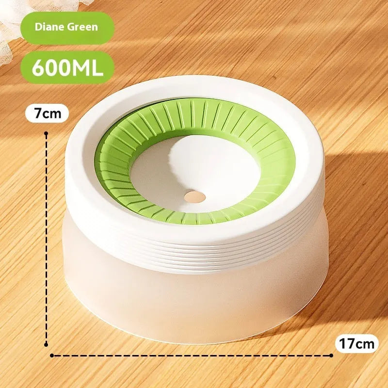 Suspension pet water bowl with non-wet mouth design in blue, green, and brown colour options showing 600ml and 1200ml capacities