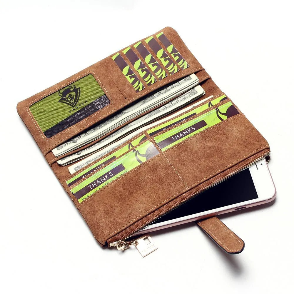 Korean-style retro matte Pu leather long wallet with two-fold draw design and zip closure