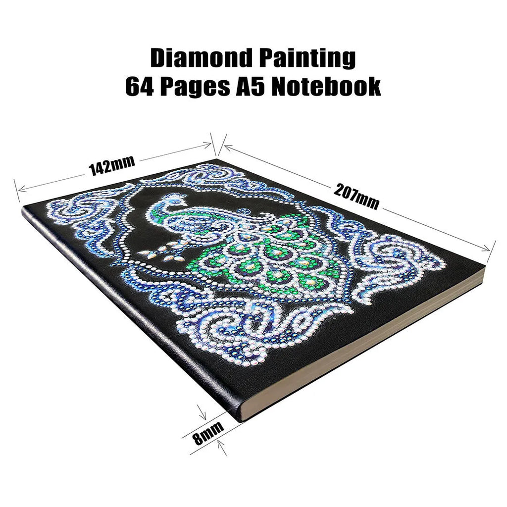 Black A5 notebook with a peacock design made from shaped and bright diamond painting drills.