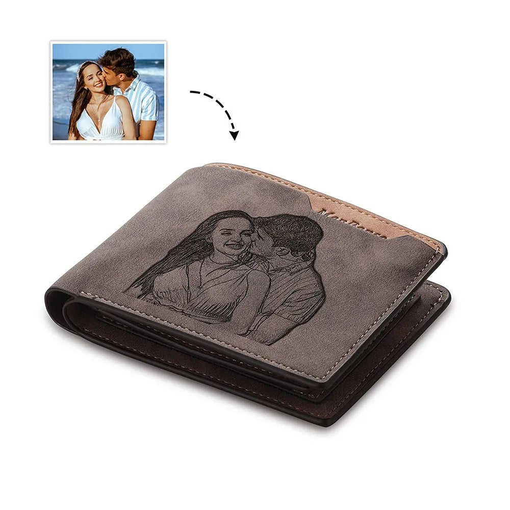 Engraved coffee-colour horizontal PU wallet showing custom photo personalisation.