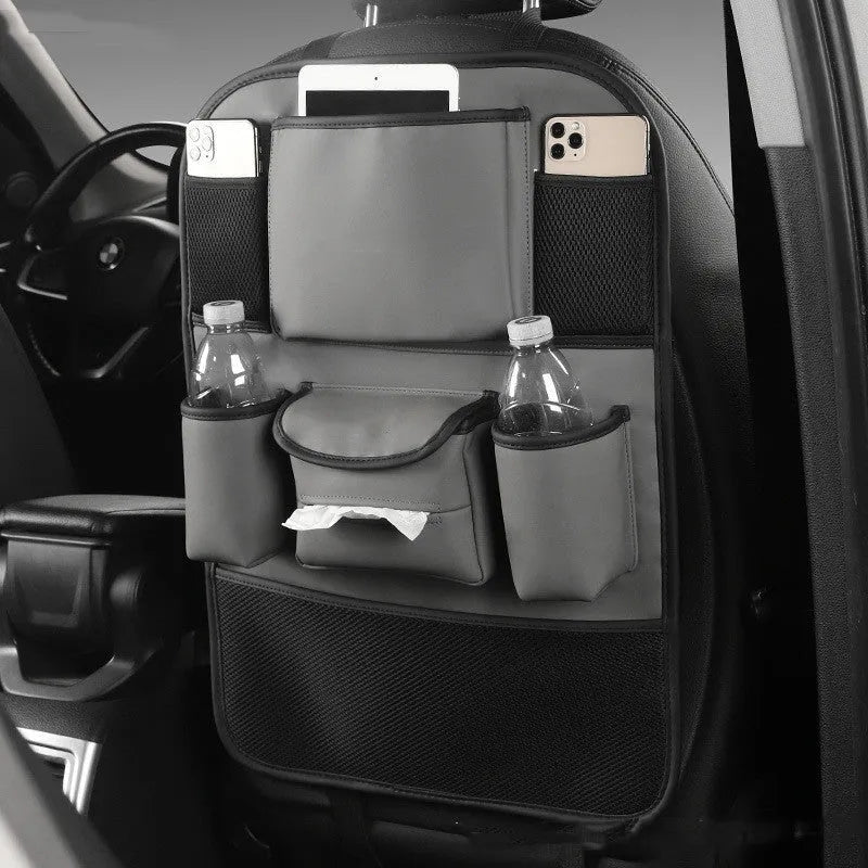 Leather car seat back storage bag in suspended design, shown in available colour options.