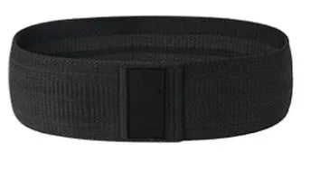 Set of three fabric resistance bands in lake blue, pink, and purple colours with net storage bag