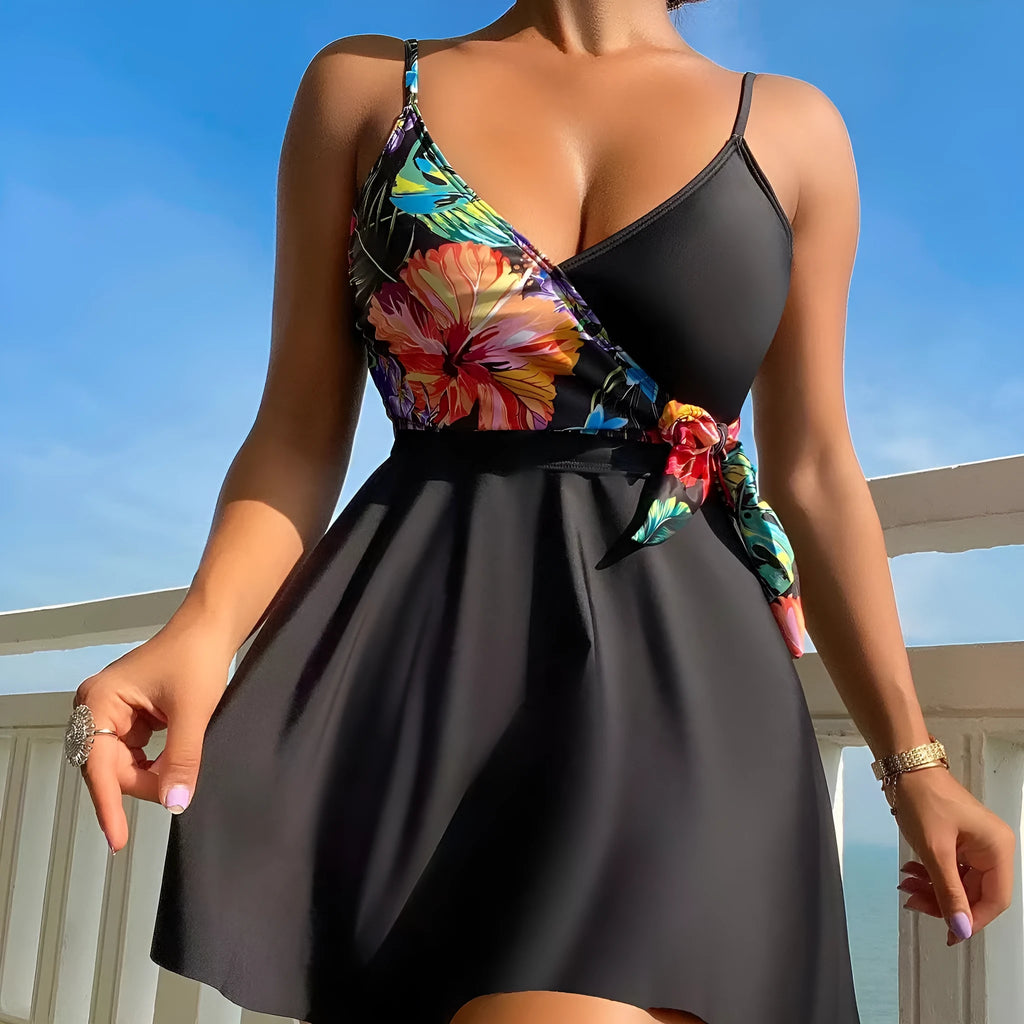 Black women's high waist bikini briefs with printed split front design