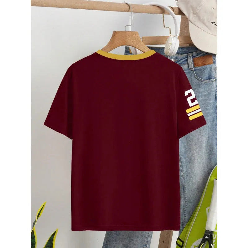 Red loose cotton t-shirt with white digital letter printing on the front.