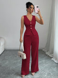 Women's sleeveless vest and high-waist trousers two-piece set in solid colour polyester fabric