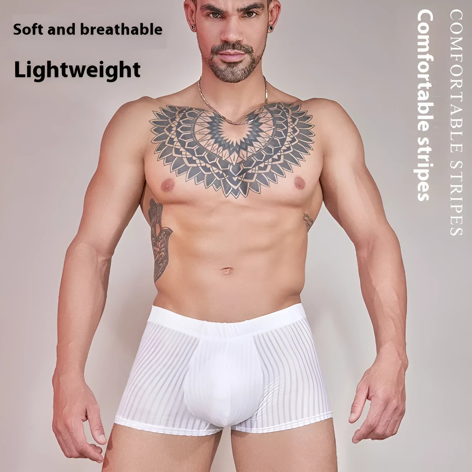 Men's striped transparent nylon underwear in black, white, and dark grey colours