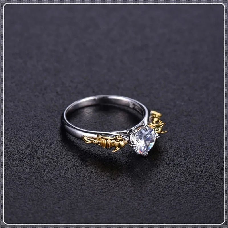 Black gold crystal crown fashion ring on copper base with adjustable sizing for cosplay and office wear