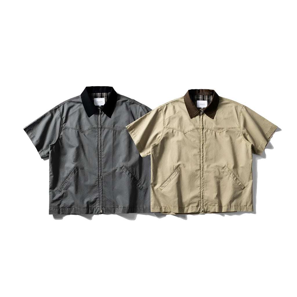 Men's khaki washed cotton overalls shirt with short sleeves in loose cardigan style