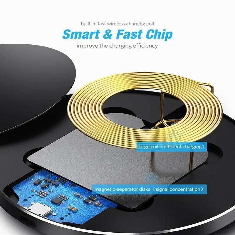 Black ultra-thin square wireless fast charging pad with USB cable on a desk