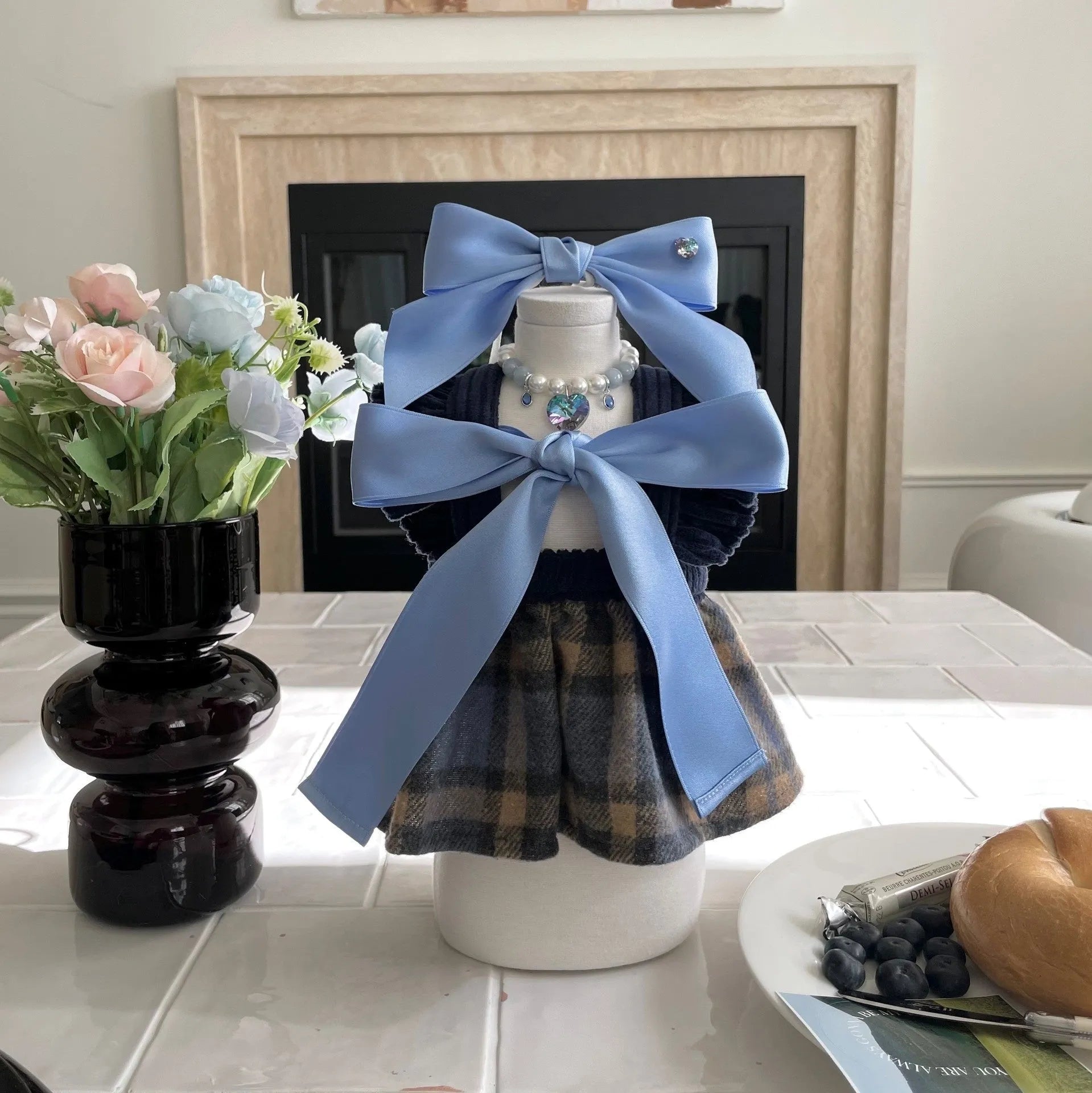 Princess style dog hair band with adjustable bow on canine model, showing polyester cotton jacquard construction