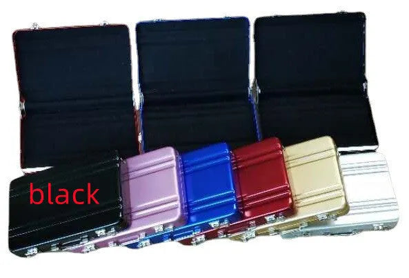 Aluminium alloy metal card holder in six colour options showing compact 100x65x16mm dimensions