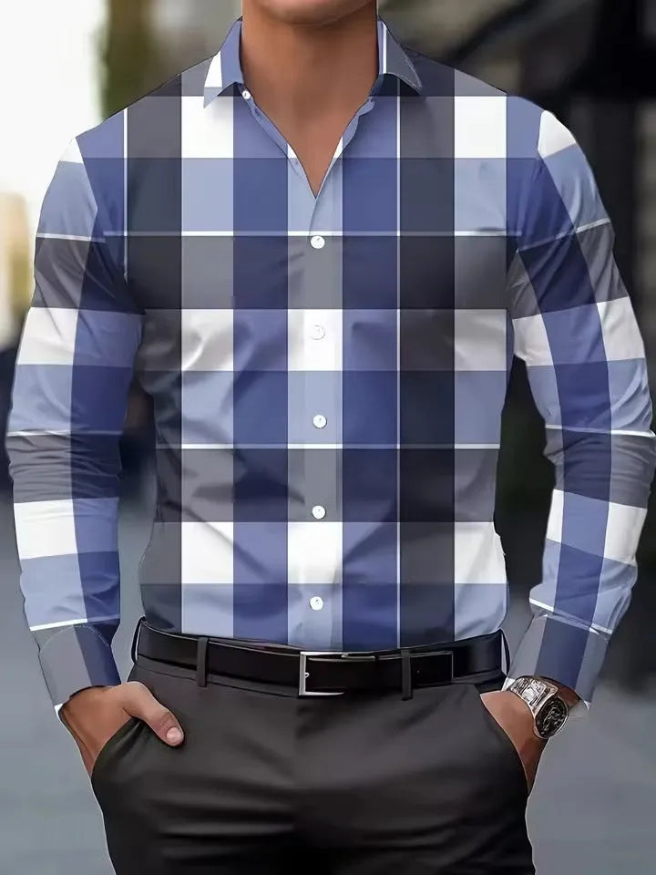 Men's striped button-up shirt with lapel collar in polyester fabric showing button details and sleeve construction
