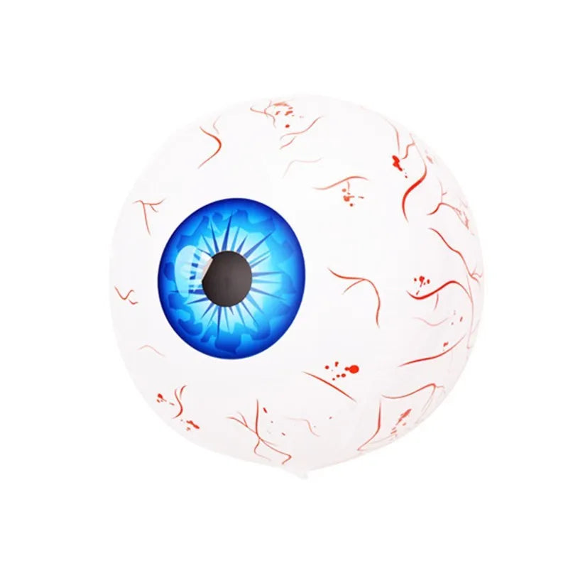 Halloween eyeball inflatable balloon with bloodshot design in red, showing automatic seal and spherical shape.