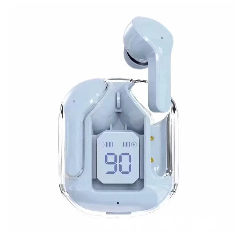 Transparent space capsule case true wireless Bluetooth earphones with digital display screen in multiple colours