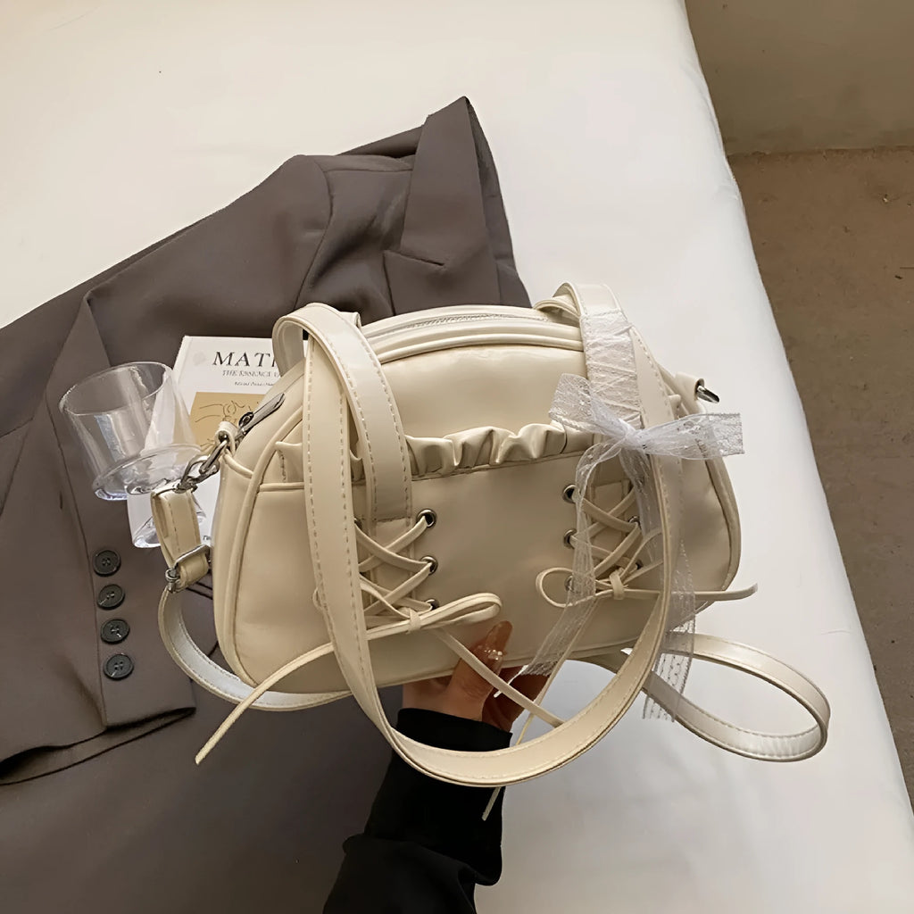 Women's casual PU leather handbag with bandage bow detail and crossbody strap