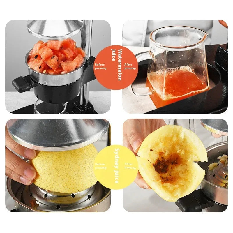 Black cast iron manual juicer with stainless steel strainer on kitchen counter